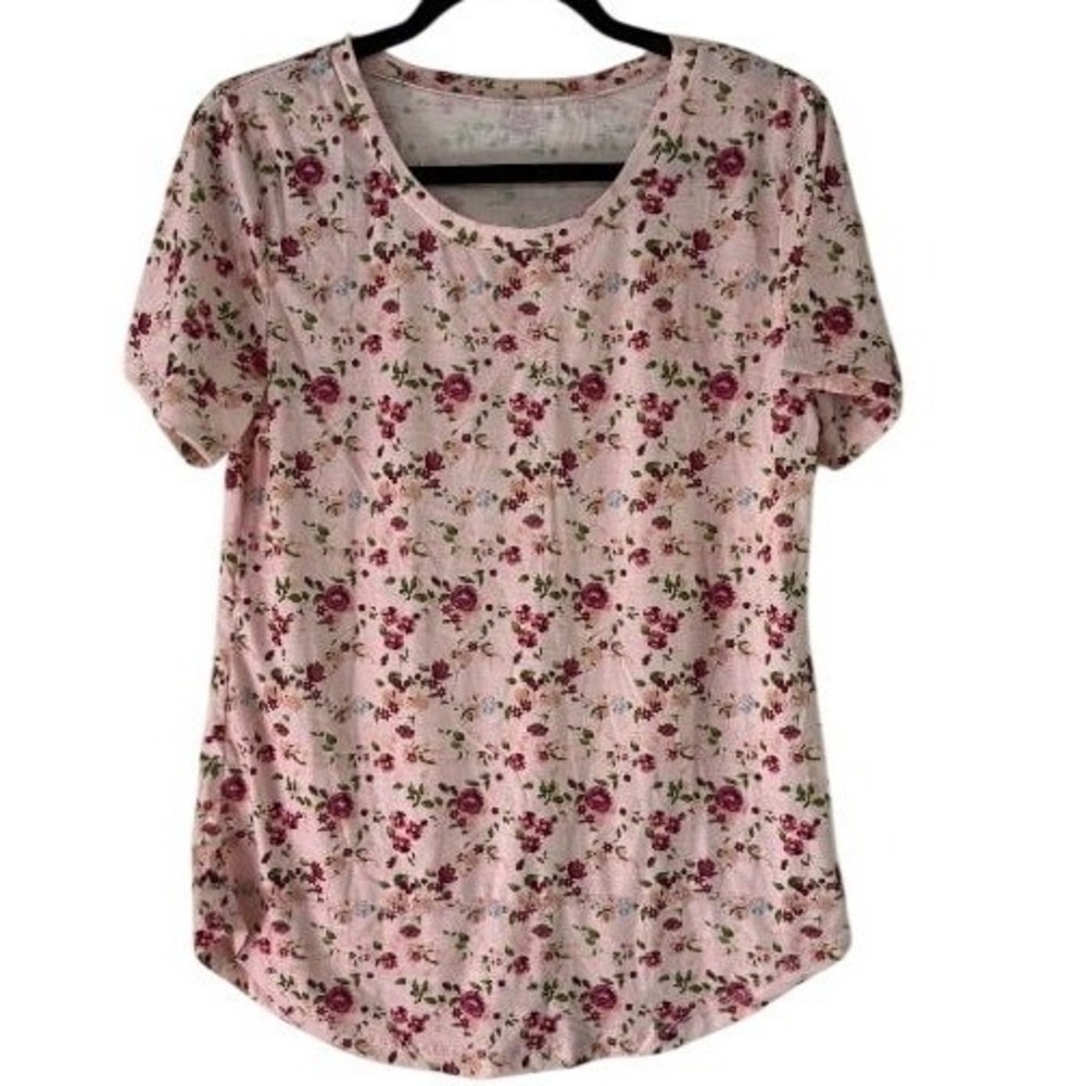 Floral Short Sleeve Knit Top Pink Burgundy Scoop Neck Curved Hem Size Small